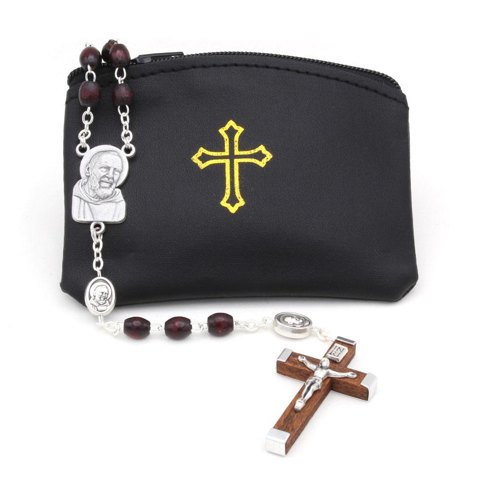 Padre Pio Rosary Wooden Beads with Pouch