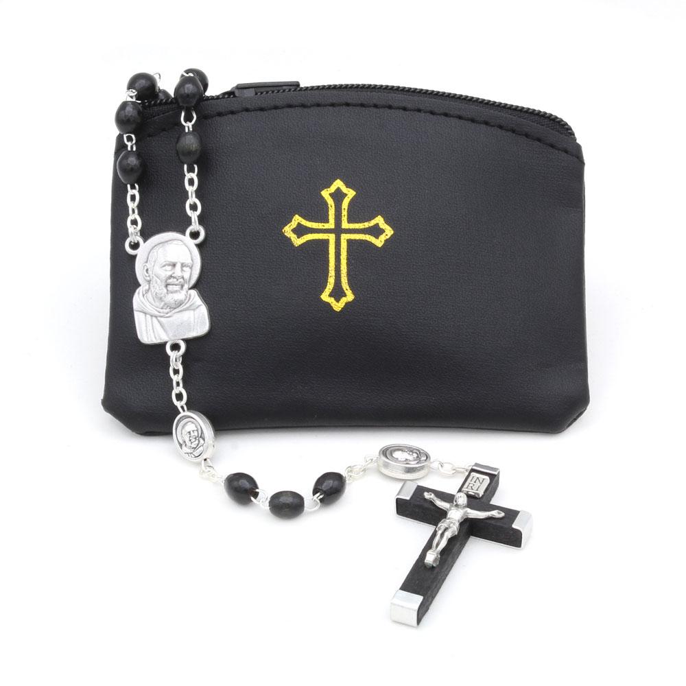 Padre Pio Rosary Black Wood Beads with Pouch