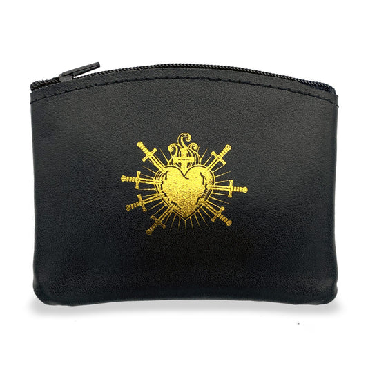 Seven Sorrows Black Leather Rosary Pouch
