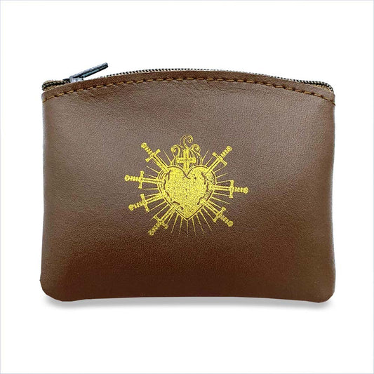 Seven Sorrows Brown Leather Rosary Pouch