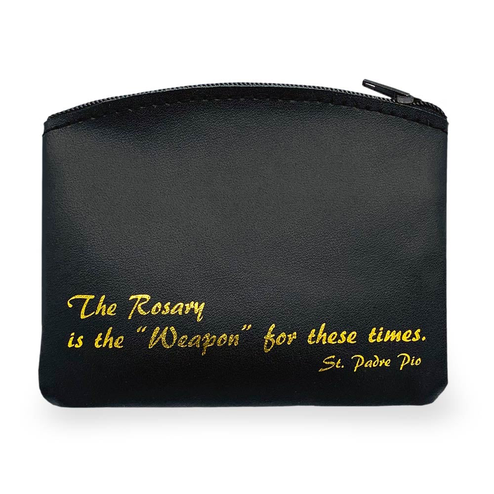 Black Genuine Leather Rosary Pouch Padre Pio Quote