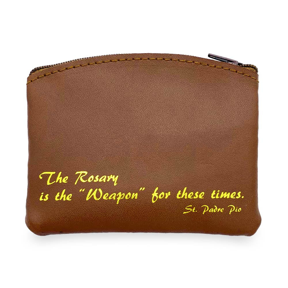 Brown Genuine Leather Rosary Pouch Padre Pio Quote