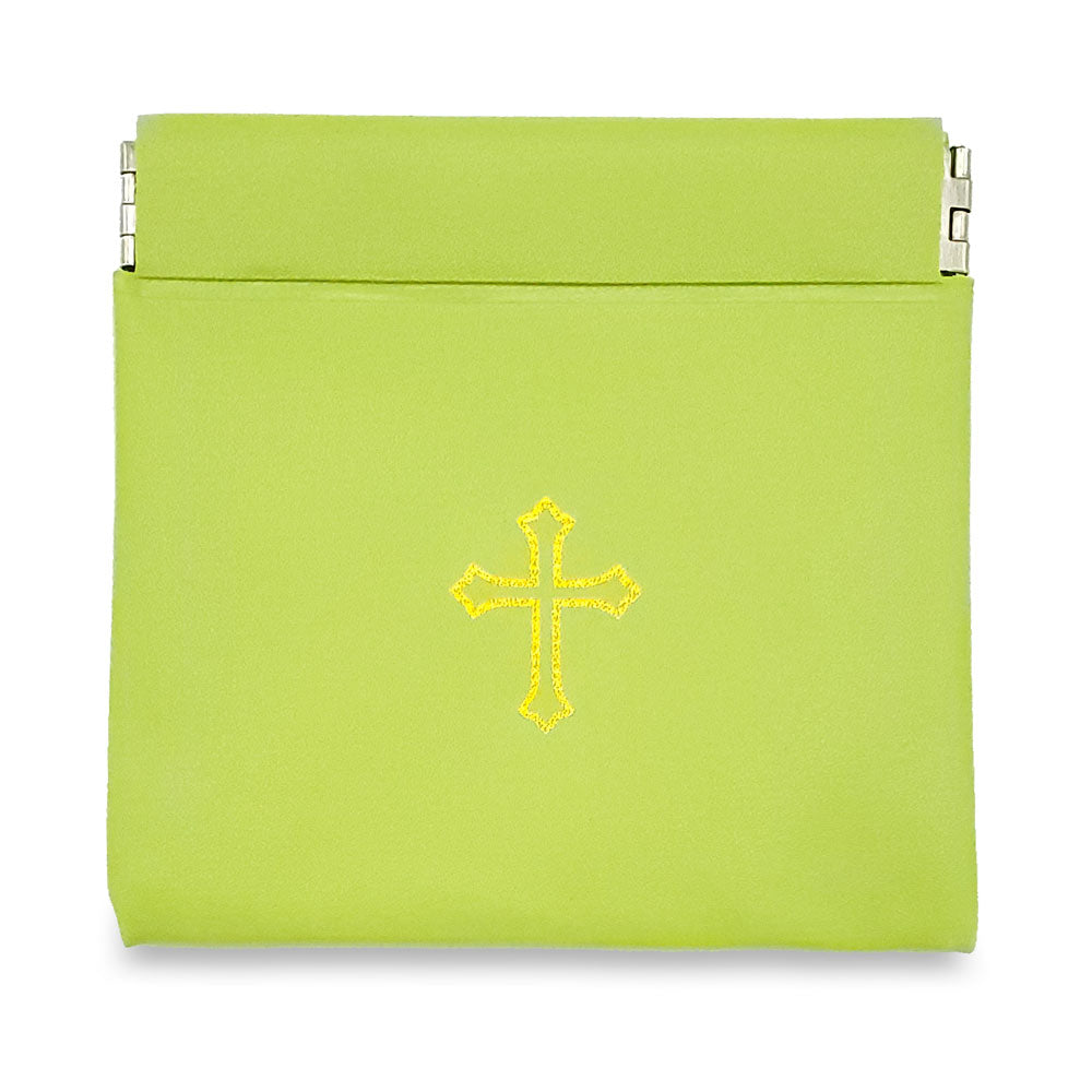 Green Vinyl Rosary Pouch Squeeze Top Spring Closure with Gold Cross Imprint