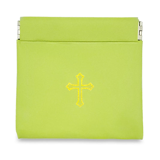 Green Vinyl Rosary Pouch Squeeze Top Spring Closure with Gold Cross Imprint
