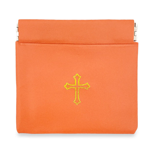 Orange Vinyl Rosary Pouch Squeeze Top Spring Closure with Gold Cross Imprint