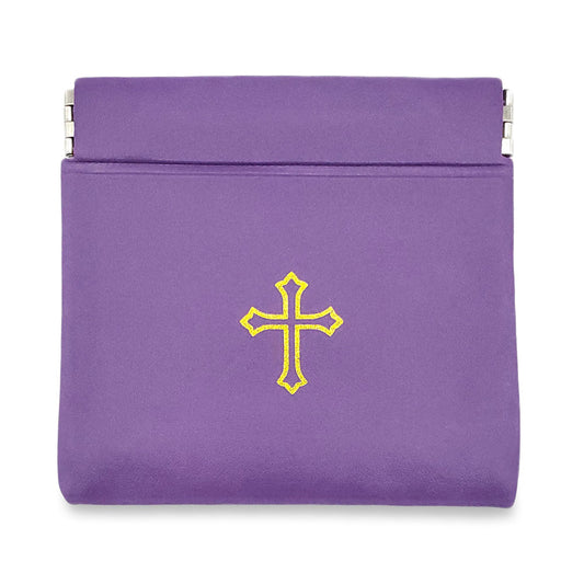 Violet Vinyl Rosary Pouch Squeeze Top Spring Closure with Gold Cross Imprint