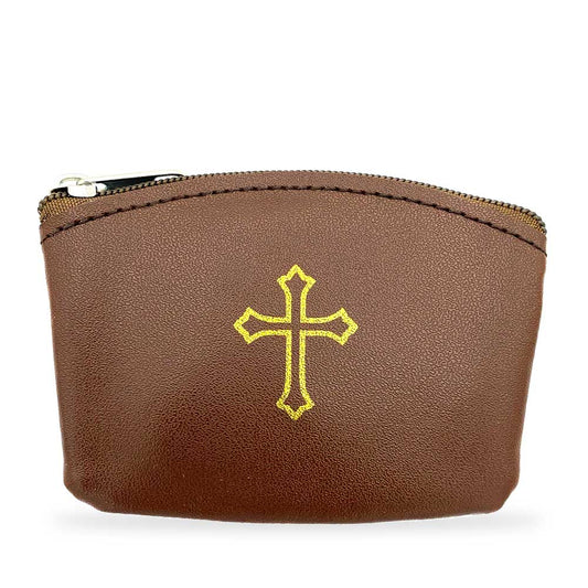 Brown Rosary Pouch with Gold Cross Design