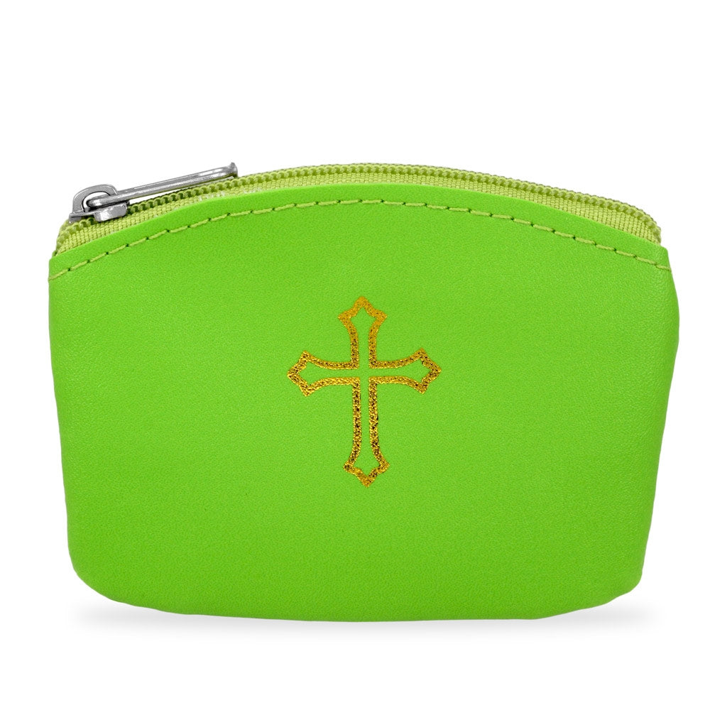 Green Rosary Pouch with Gold Cross Design and Zipper