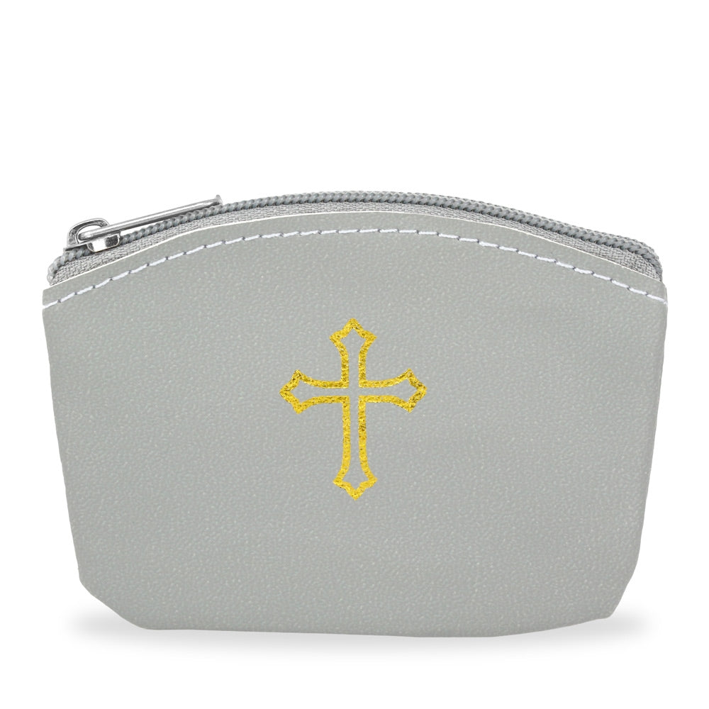 Gray Rosary Pouch with Gold Cross Design and Zipper 