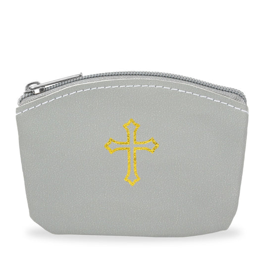 Gray Rosary Pouch with Gold Cross Design and Zipper 