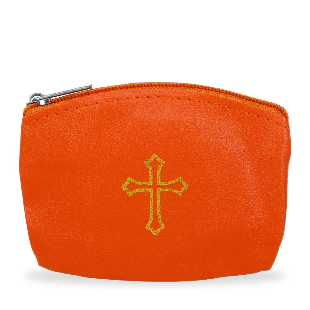 Orange Rosary Pouch with Gold Cross Design and Zipper 