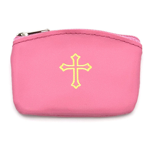 Pink Rosary Pouch with Gold Cross Design and Zipper