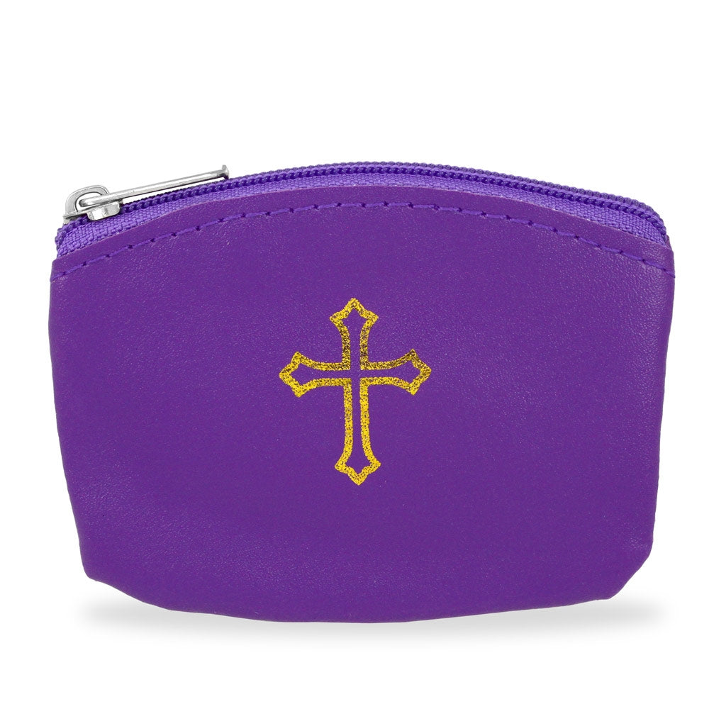 Violet Rosary Pouch with Gold Cross Design and Zipper 