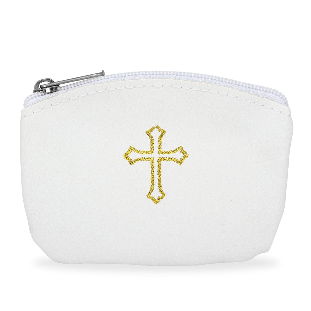 White Rosary Pouch with Gold Cross Design and Zipper 
