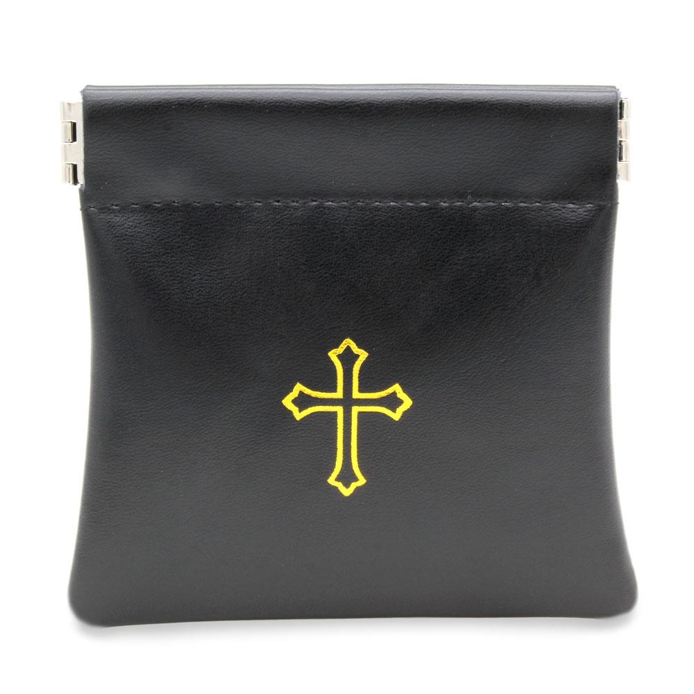 Squeeze Top Rosary Pouch Black Faux Leather