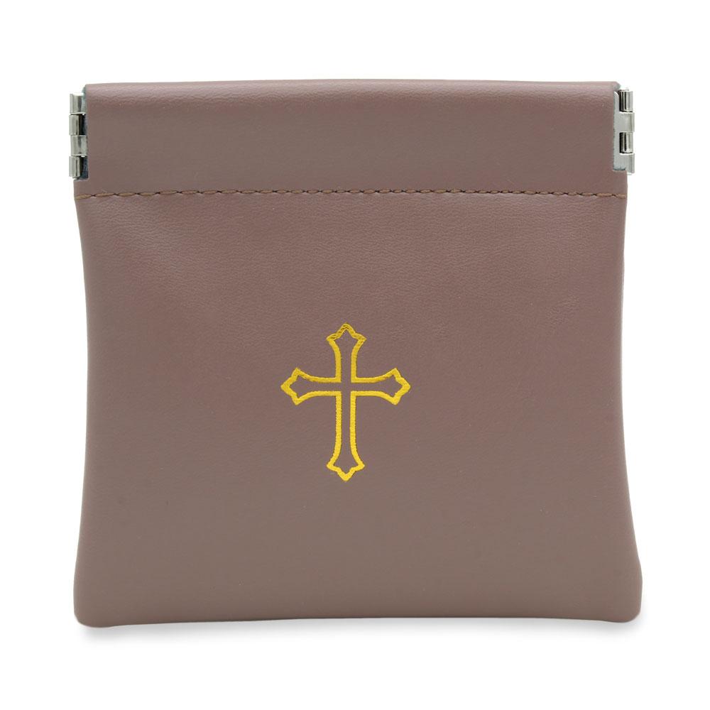 Squeeze Top Rosary Pouch Brown Faux Leather