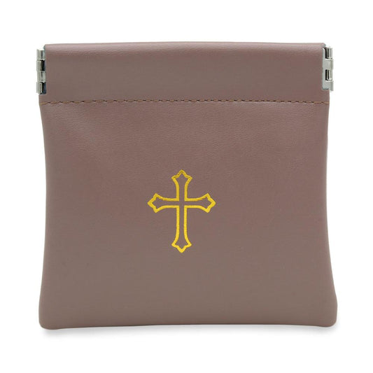 Squeeze Top Rosary Pouch Brown Faux Leather