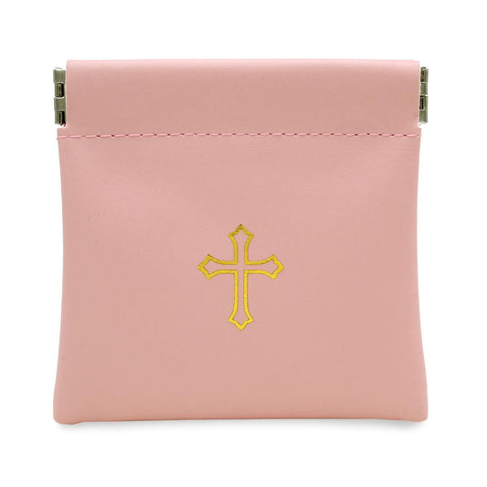 Squeeze Top Rosary Pouch Peach Pink Faux Leather