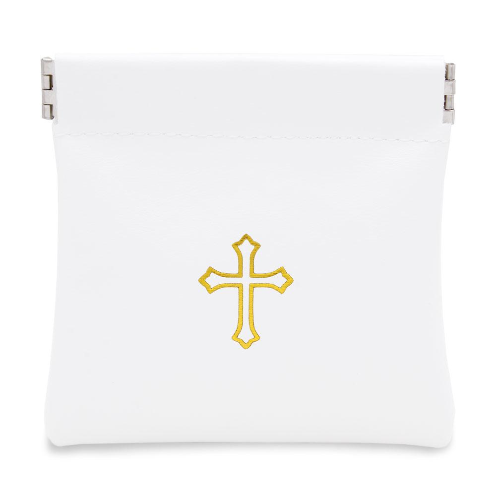 Squeeze Top Rosary Pouch White Faux Leather