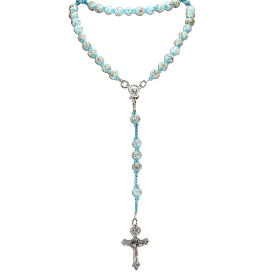 Murano Glass Bead Rosary Necklace, Aqua Beads with Madonna Center