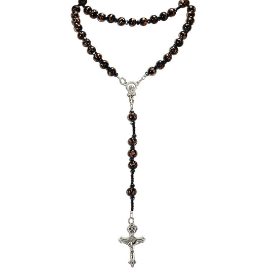 Murano Glass Beads Rosary Necklace, Black Beads with Madonna Center