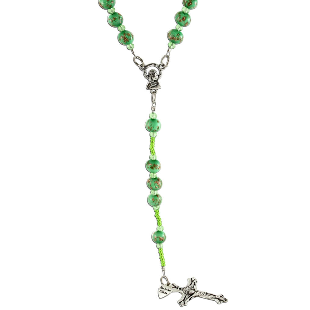 Rosary Necklace with Green Murano Glass Beads