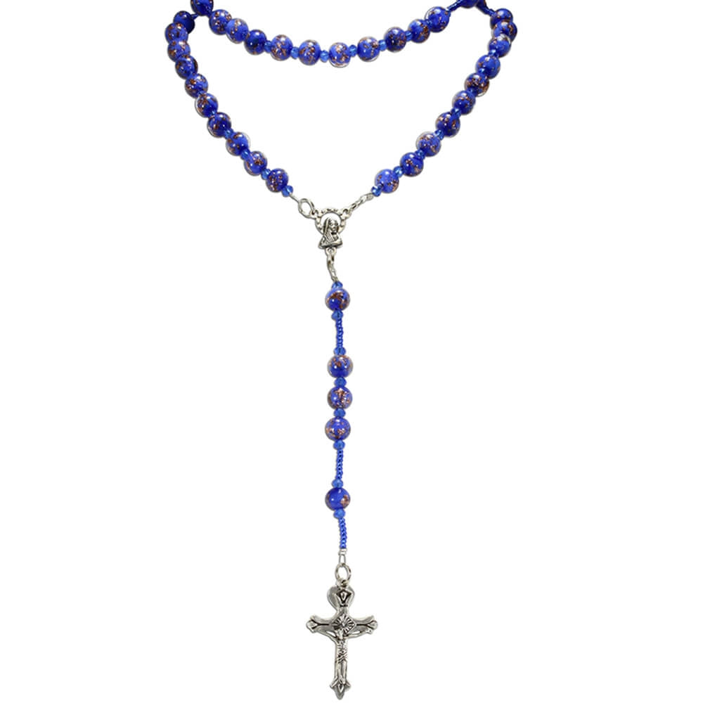 Murano Glass Bead Rosary Necklace, Purple Beads with Madonna Center