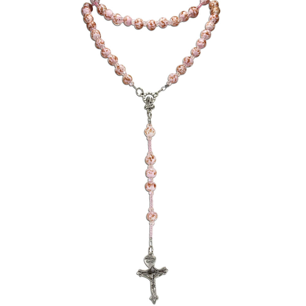 Murano Glass Bead Rosary Necklace, Pink Beads with Madonna Center