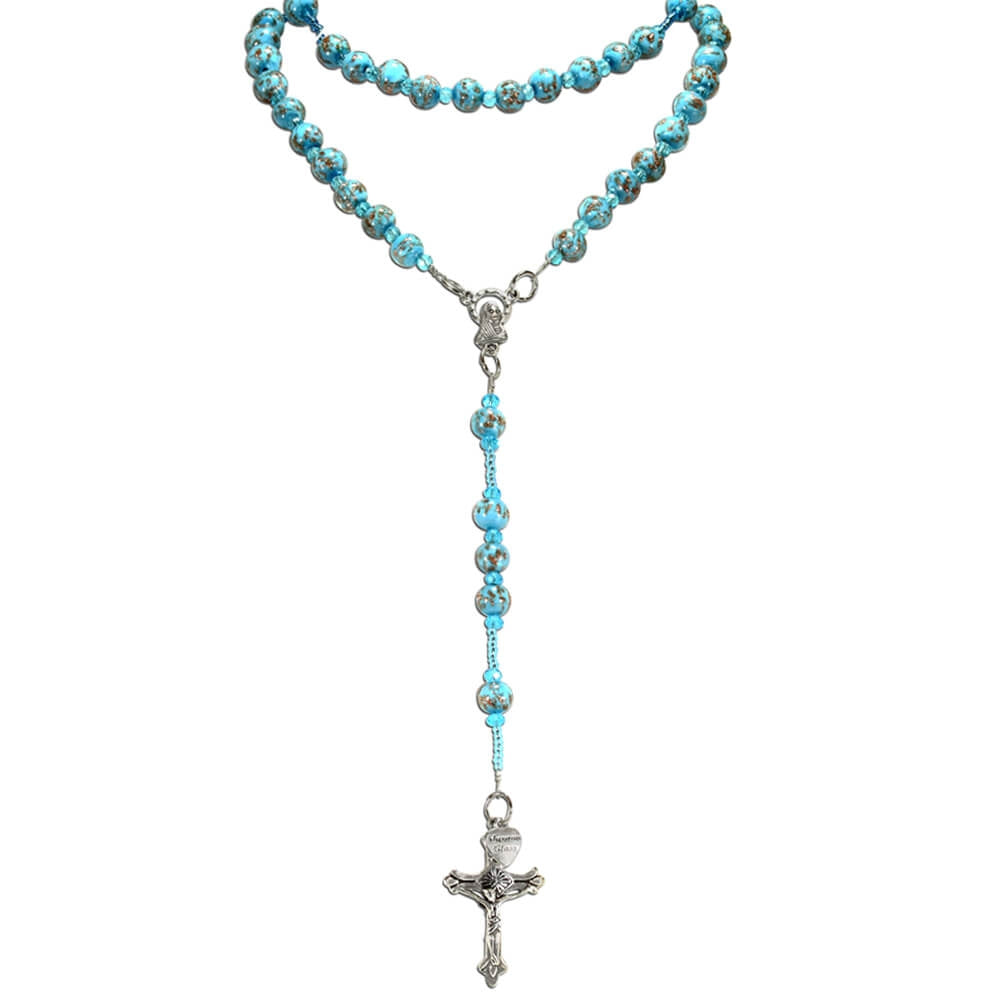 Murano Glass Bead Rosary Necklace, Turquoise Beads with Madonna Center