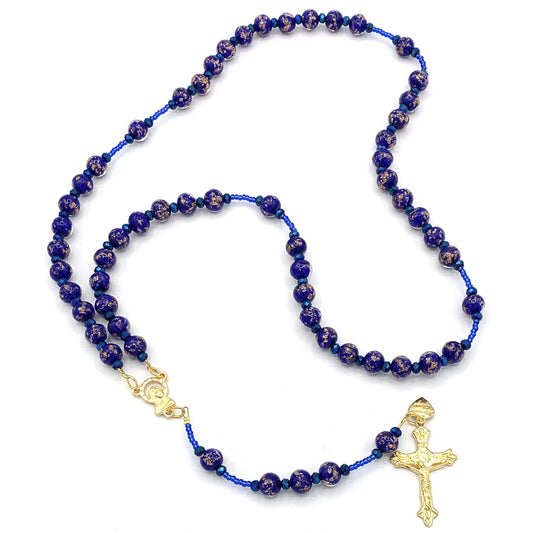 Rosary Murano Glass Blue Beads Necklace Gold Tone Crucifix Madonna Center