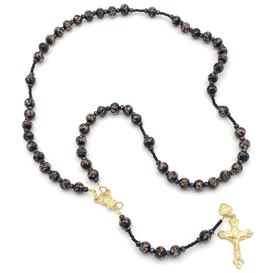 Rosary Murano Glass Black Beads Necklace Gold Tone Crucifix Madonna Center