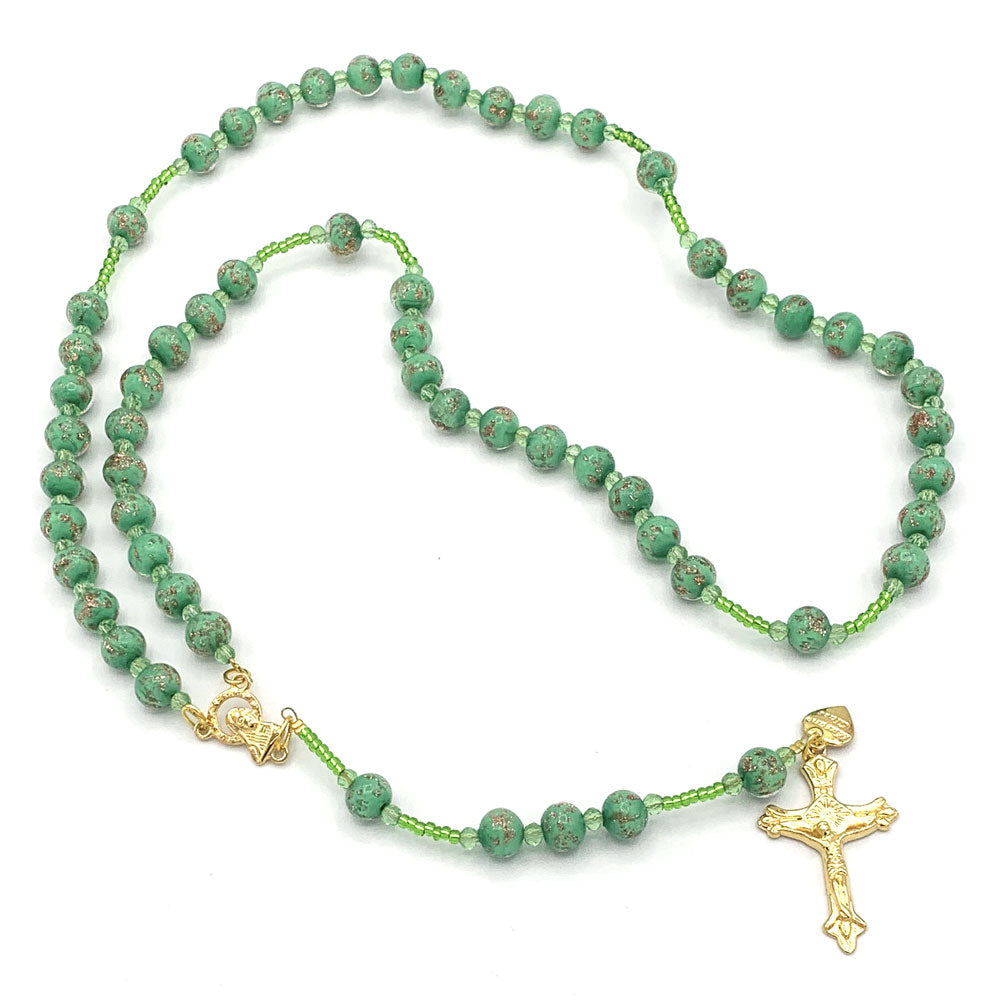Rosary Murano Glass Green Beads Necklace Gold Tone Crucifix Madonna Center