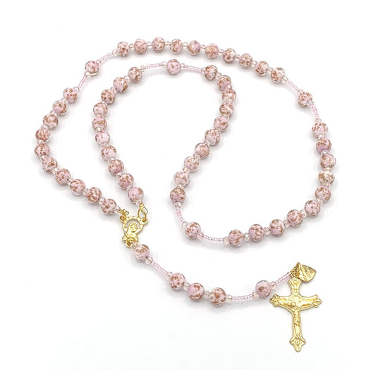 Rosary Murano Glass Pink Beads Necklace Gold Tone Crucifix Madonna Center