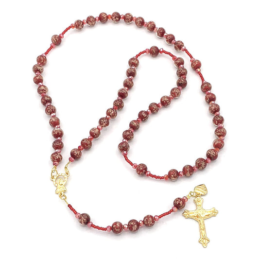 Rosary Murano Glass Red Beads Necklace Gold Tone Crucifix, Madonna Center