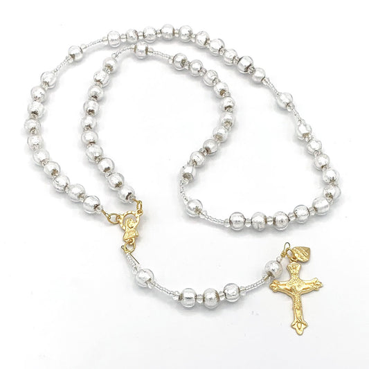 Rosary Murano Glass White Beads Necklace Gold Tone Crucifix Madonna Center