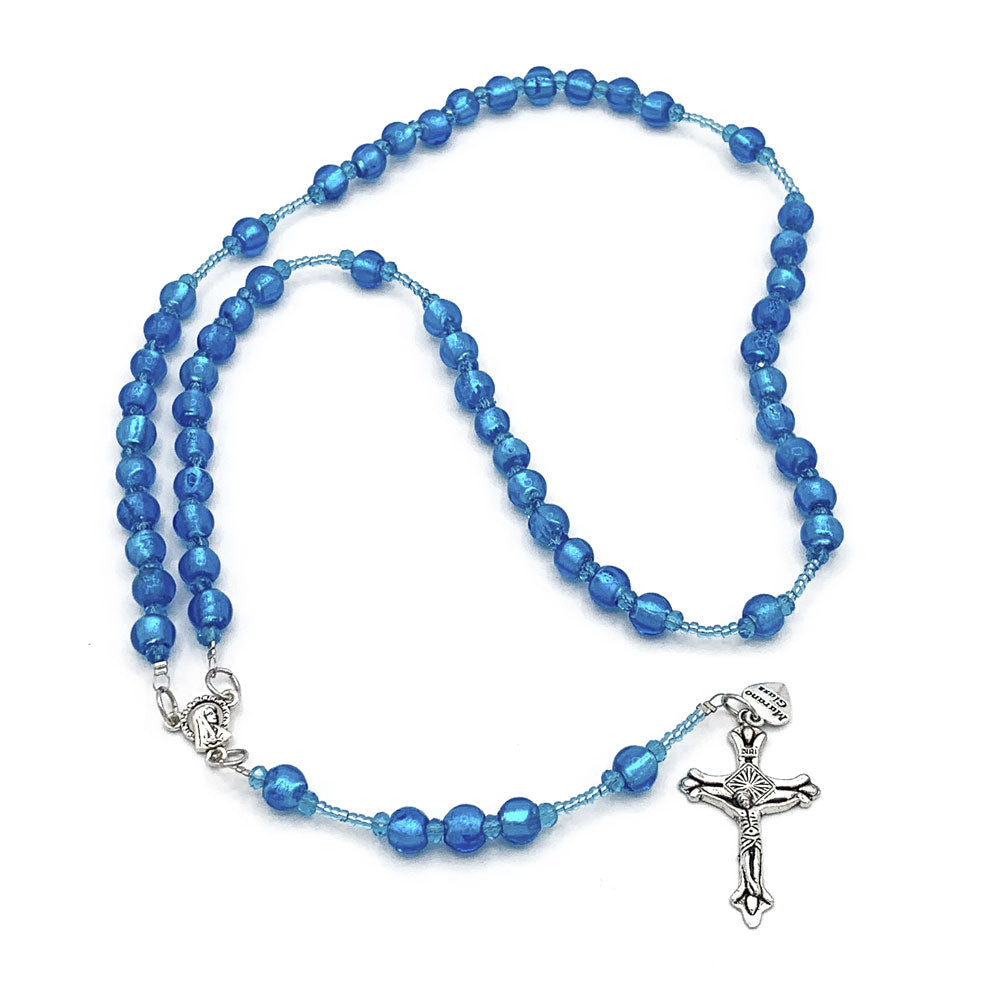 Rosary Murano Glass Blue Beads Necklace Crucifix Madonna Center