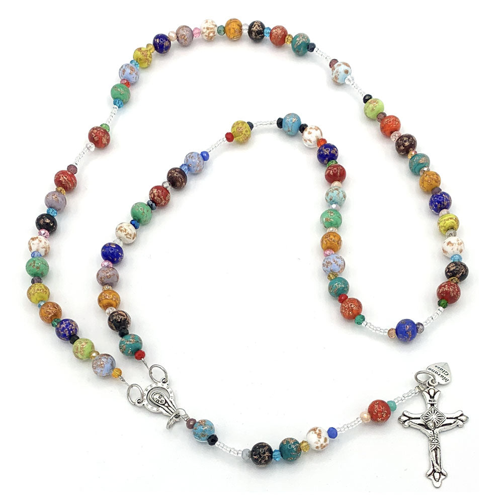 Rosary Murano Glass Beads Necklace Multi-Color Madonna Center Silver