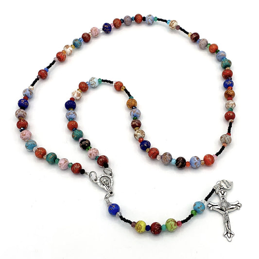 Rosary Murano Glass Beads Necklace Multi-Color Madonna Center Black