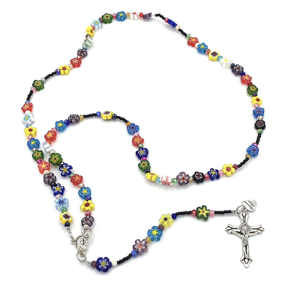 Rosary Murano Glass Flower Bead Necklace Multi-Color Madonna Center