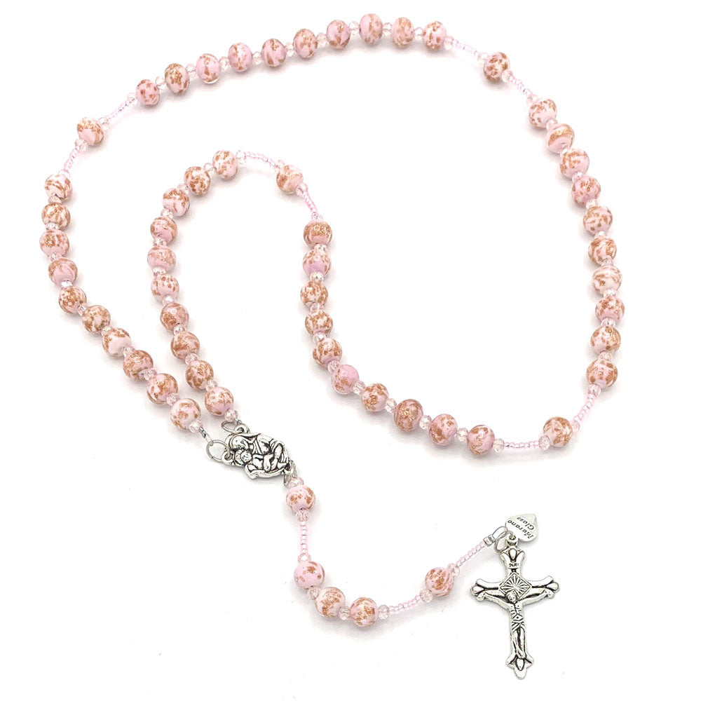 Rosary Murano Glass Pink Beads Necklace Crucifix, Mother & Child Center