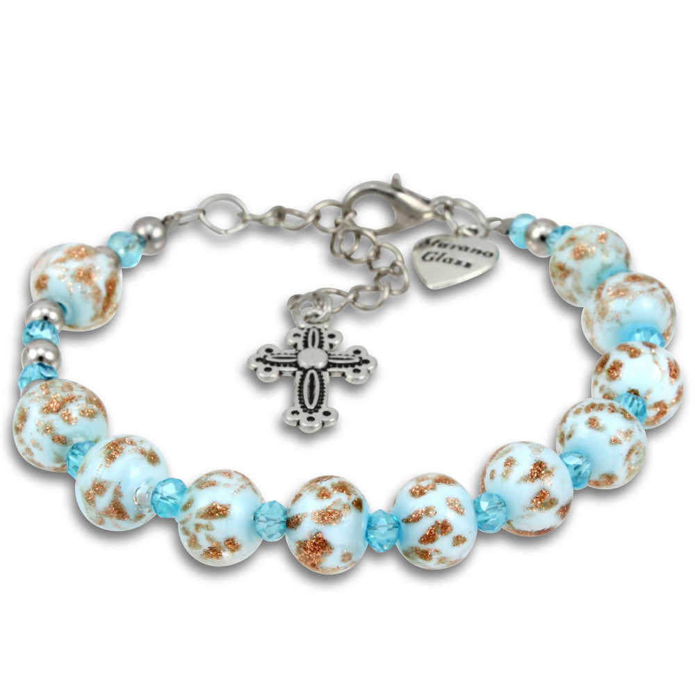 Murano Glass Bracelet, Silver Tone Cross and Aqua Beads