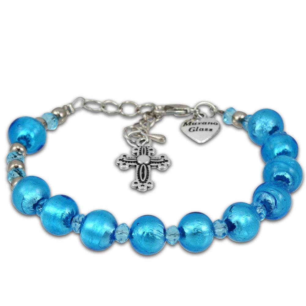 Murano Glass Bracelet, Silver Tone Cross and Blue Beads