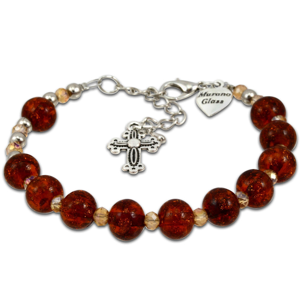 Murano Glass Bracelet, Silver Tone Cross and Brown Beads