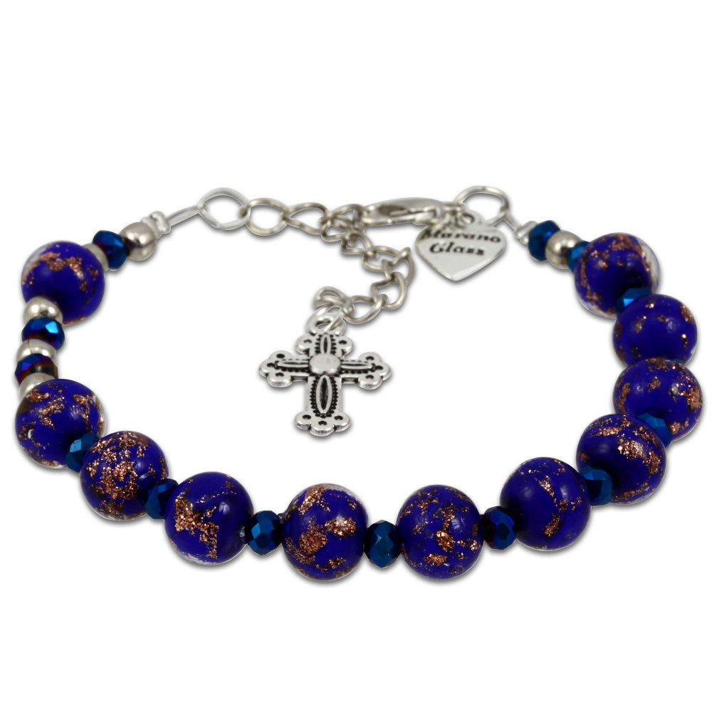 Murano Glass Bracelet, Silver Tone Cross and Deep Purple Beads