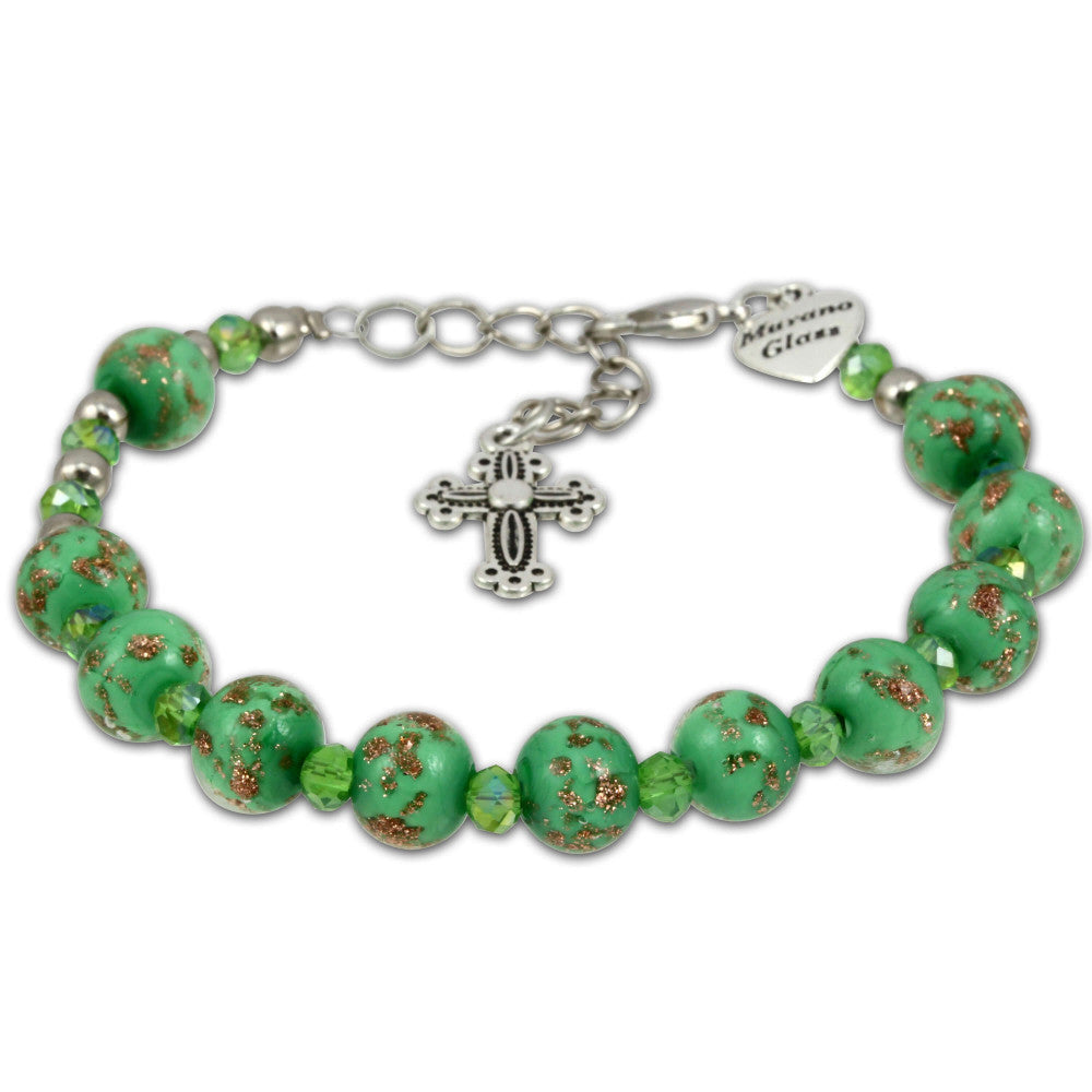 Murano Glass Bracelet, Silver Tone Cross and Green Beads