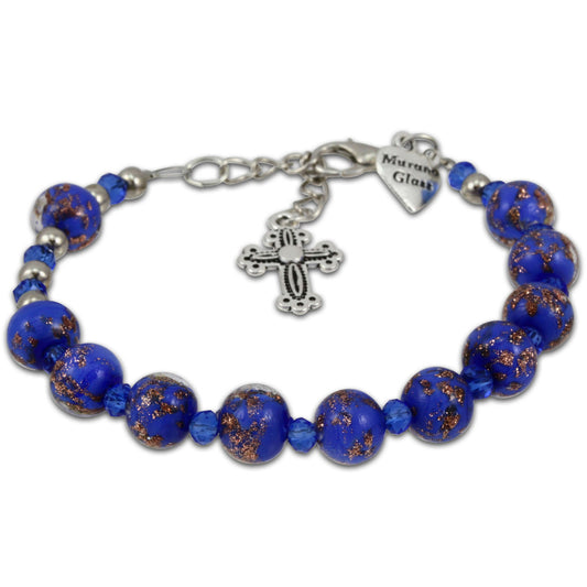 Murano Glass Bracelet, Silver Tone Cross and Purple Beads