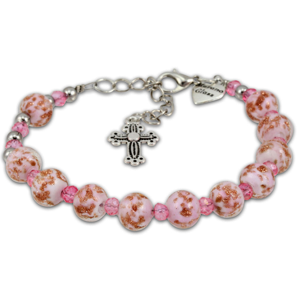 Murano Glass Bracelet, Silver Tone Cross and Pink Beads