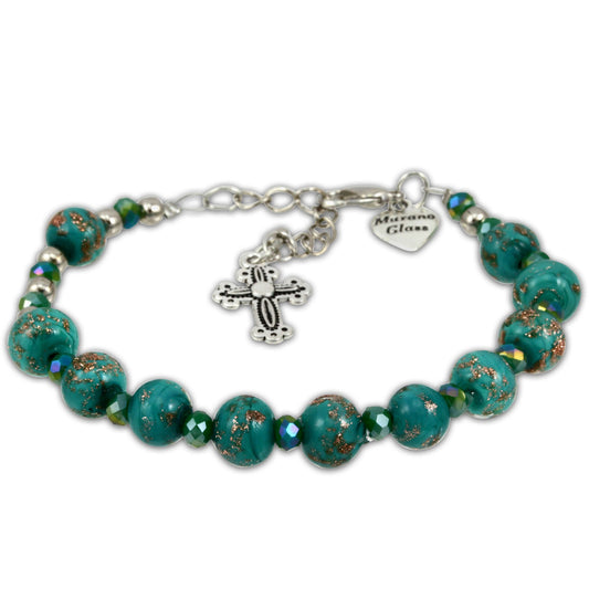 Murano Glass Bracelet, Silver Tone Cross and Turquoise Beads