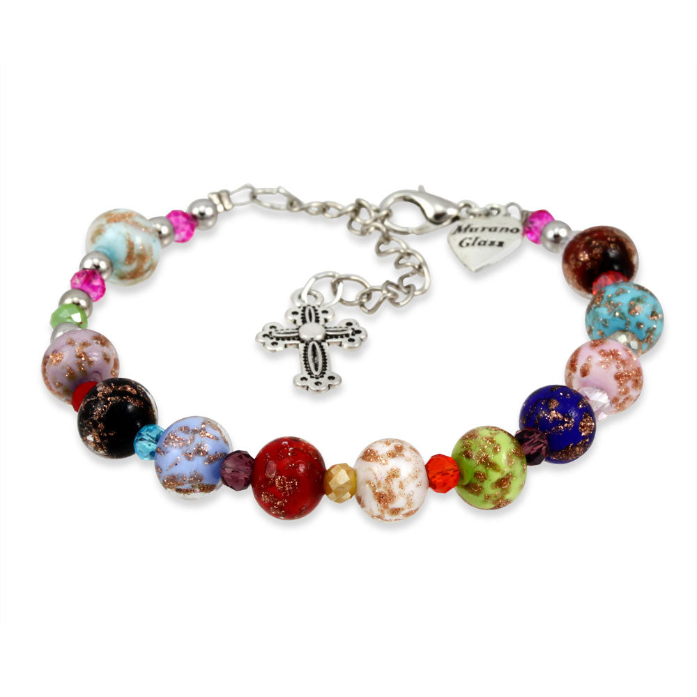 Murano Glass Bracelet, Gold Tone Crucifix and Multi-Color Beads