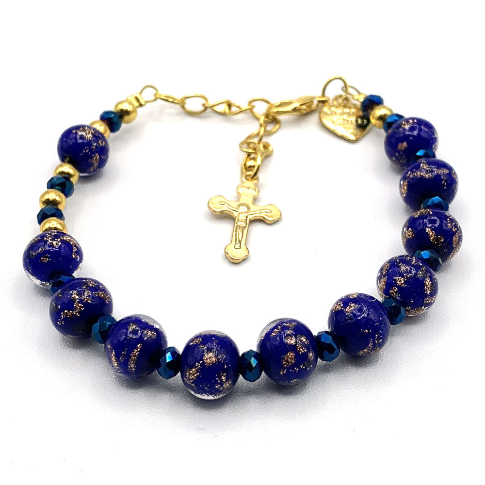 Murano Glass Bracelet, Gold Tone Crucifix and Blue Beads